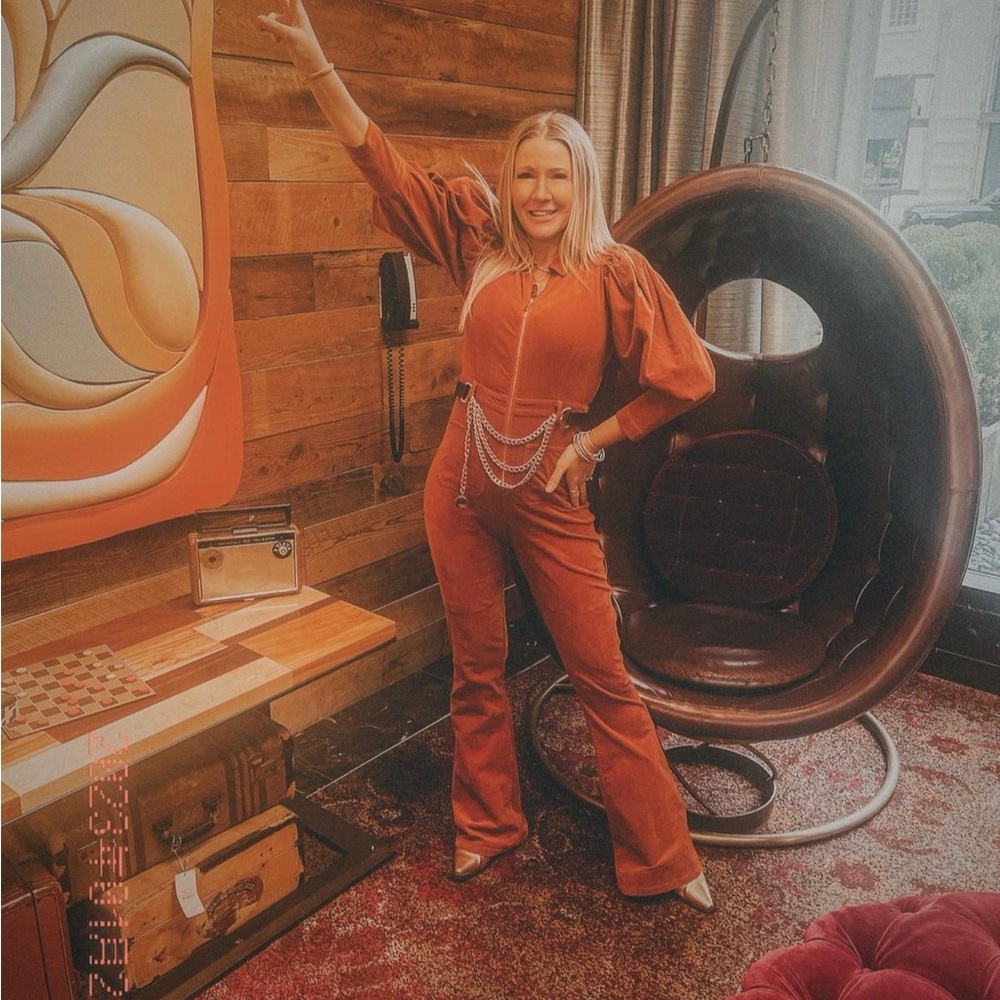 Corduroy jumpsuit with chain belt
